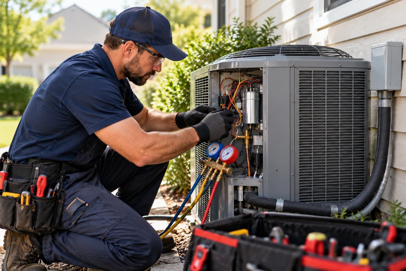 An HVAC technician in safety glasses connects refrigerant gauges to the outdoor condenser of a home air-conditioning system.