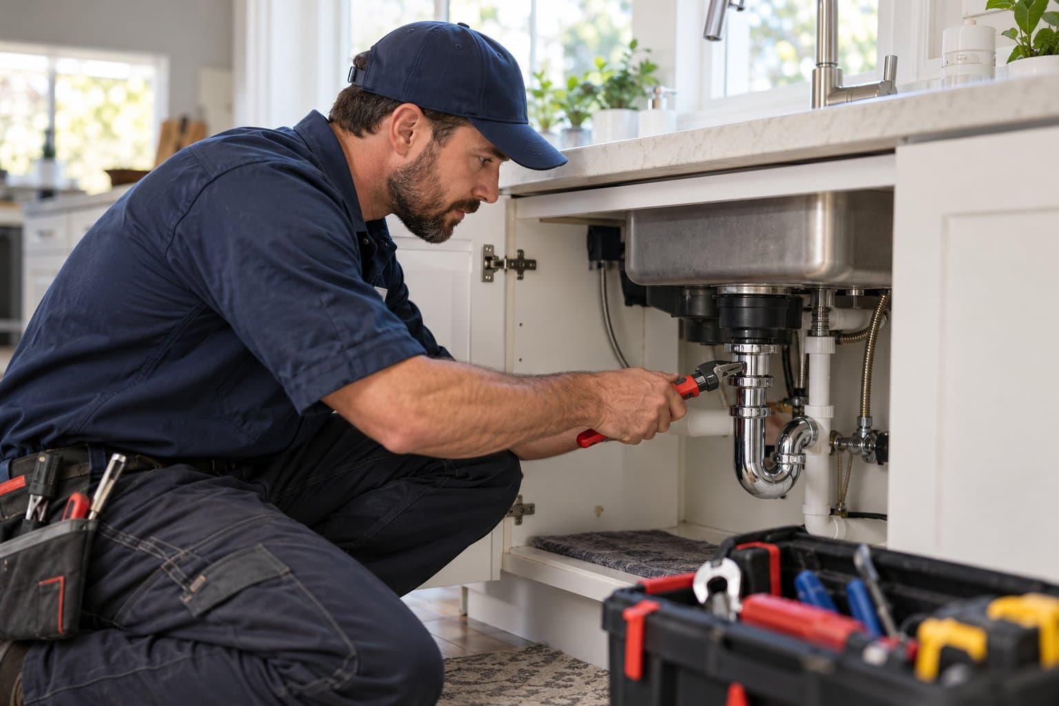 A plumber in a navy uniform and cap tightens the chrome P-trap under a kitchen sink with a red wrench.