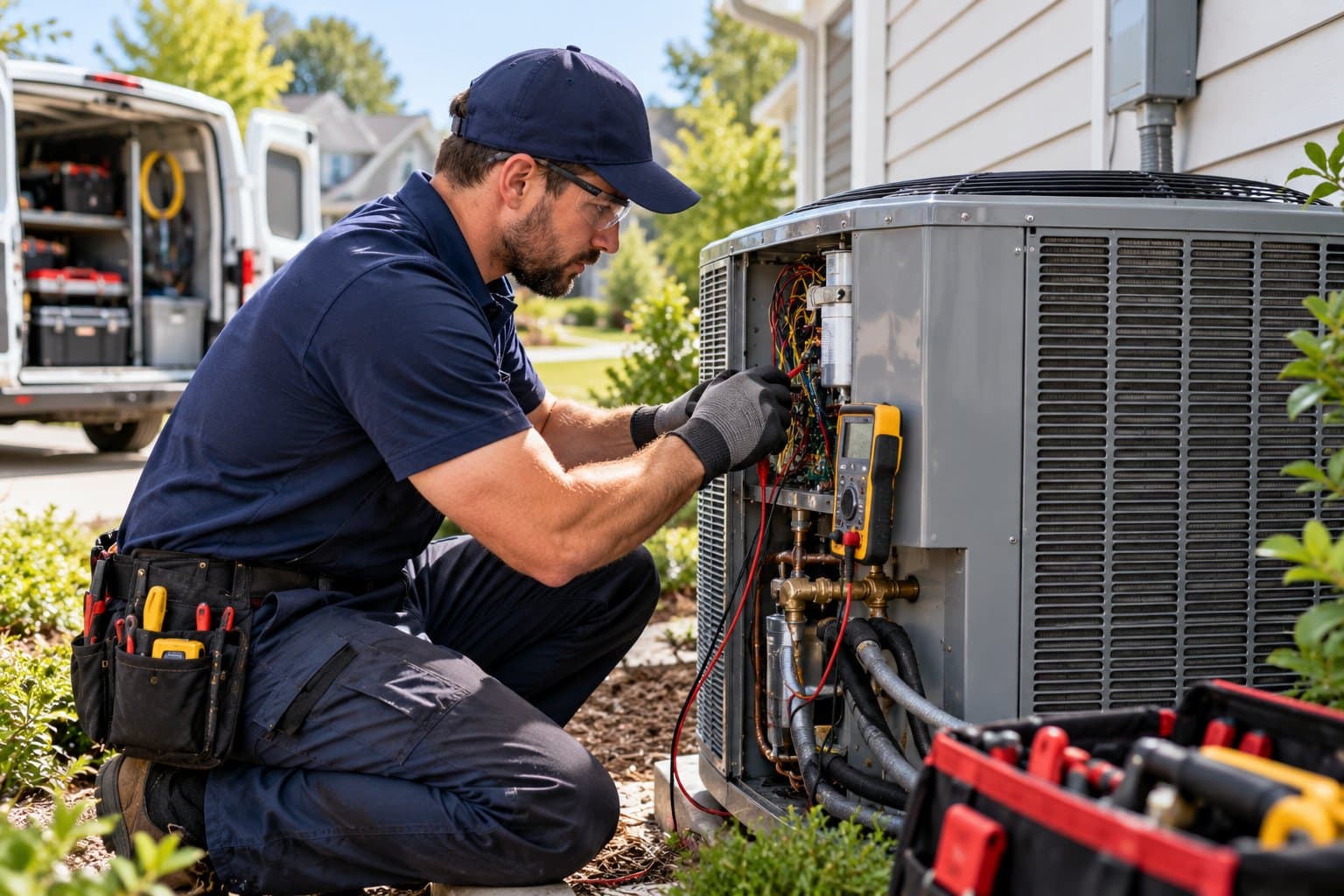 An HVAC technician in safety glasses tests the wiring of an outdoor air-conditioning unit with a multimeter, with a service van parked behind him.