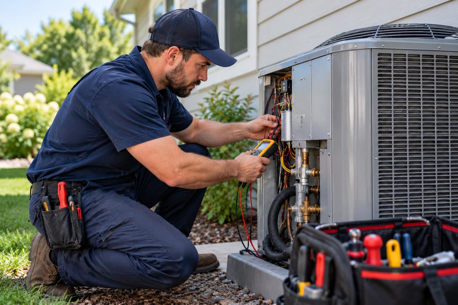 An HVAC technician checks the electrical connections of an outdoor air-conditioning unit beside a house with a multimeter.
