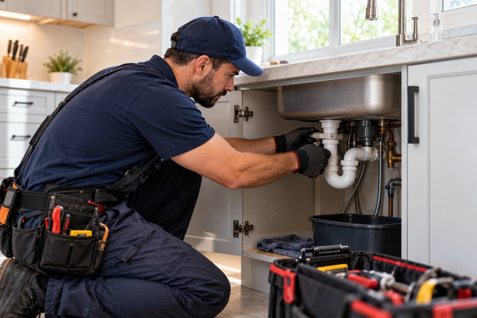 A plumber kneels at an open kitchen sink cabinet, wearing work gloves and repairing the white drain pipes beside his tool bag.