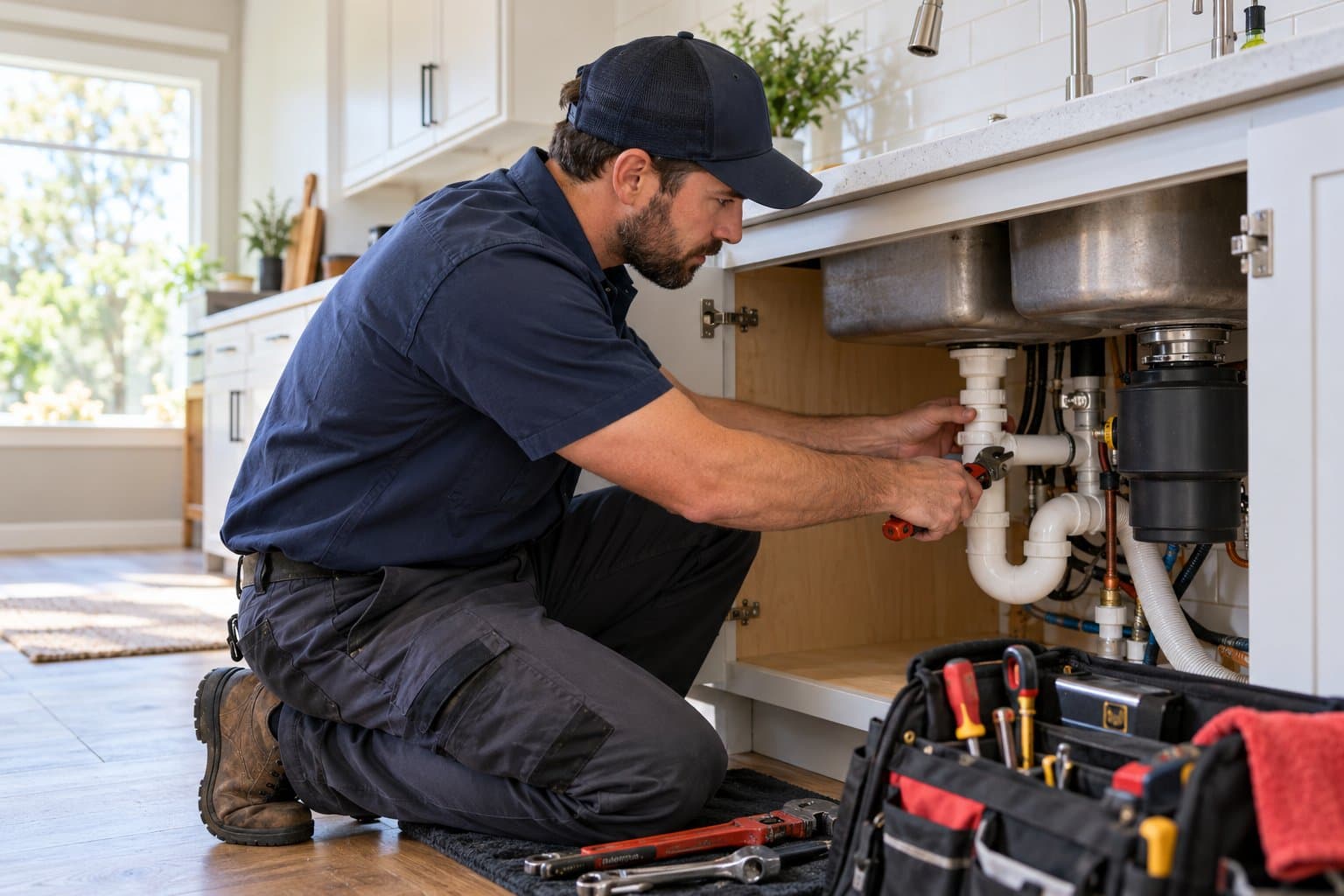 A plumber kneels beside an open double kitchen sink cabinet and tightens a white drain fitting, with wrenches and a tool bag on the floor.